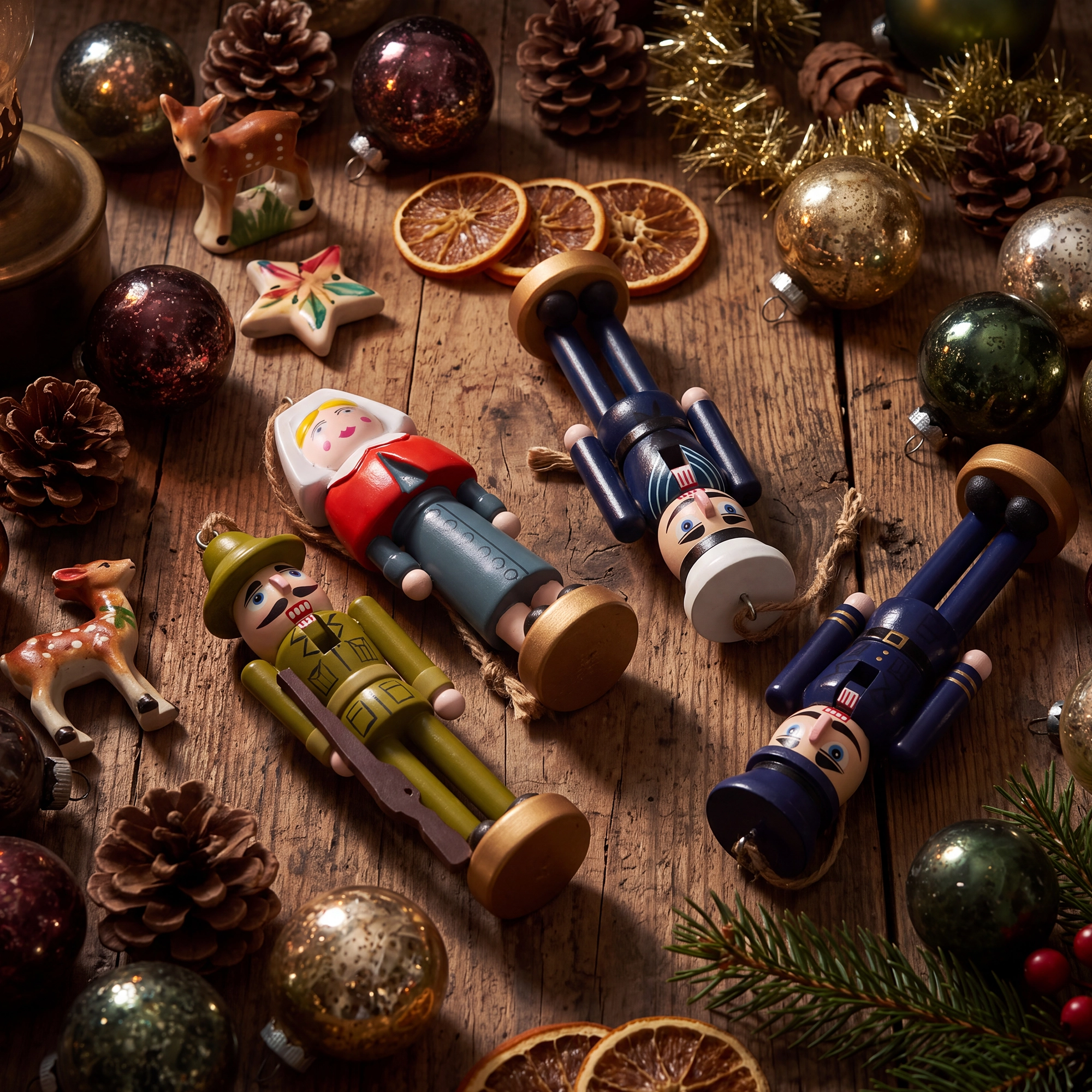 Christmas military nutcracker ornaments lying amongst other decorations